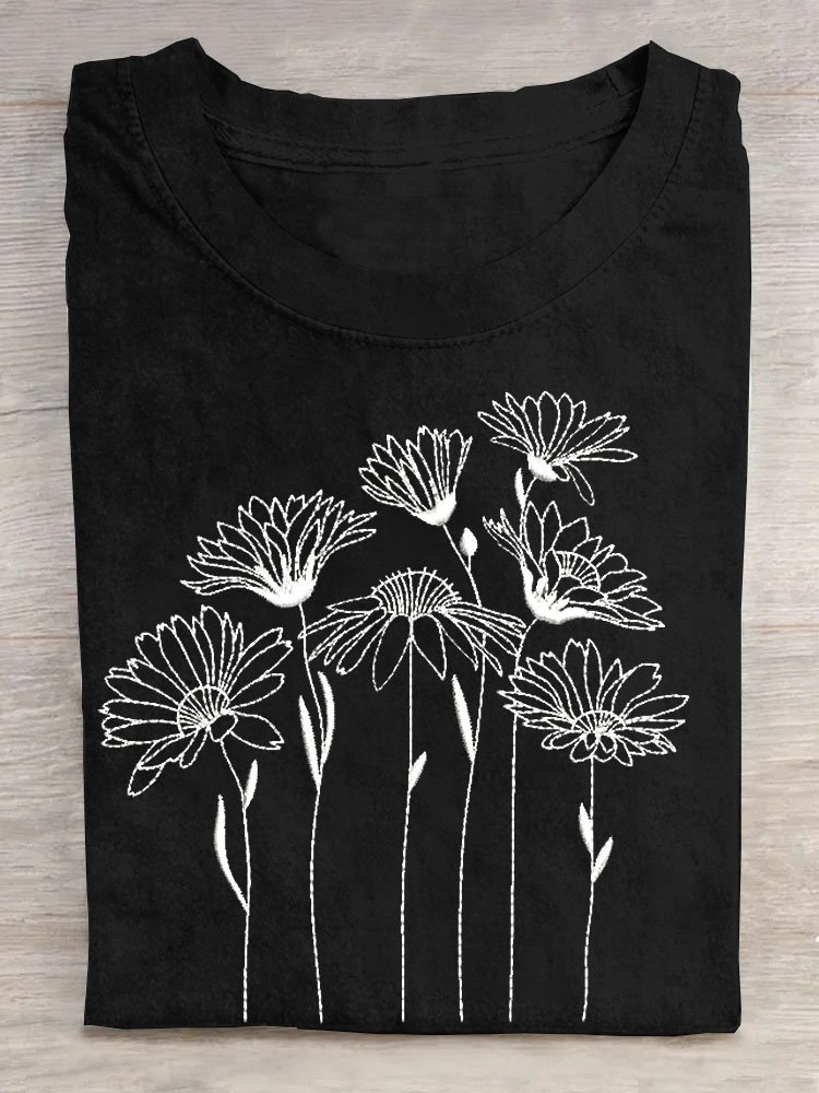 Blumenmuster Rundhals Kurz Ärmeln Lässig T-Shirt