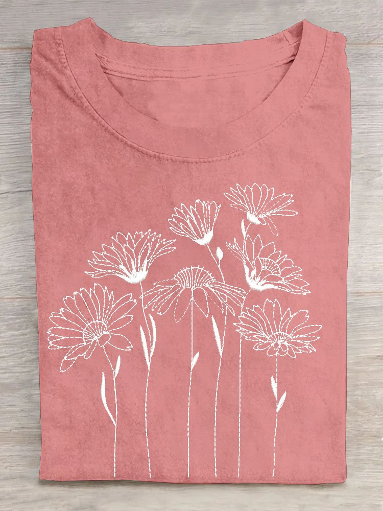 Blumenmuster Rundhals Kurz Ärmeln Lässig T-Shirt