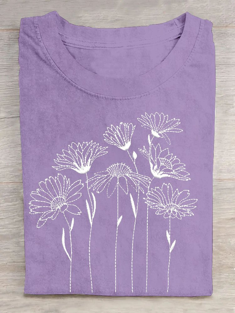 Blumenmuster Rundhals Kurz Ärmeln Lässig T-Shirt