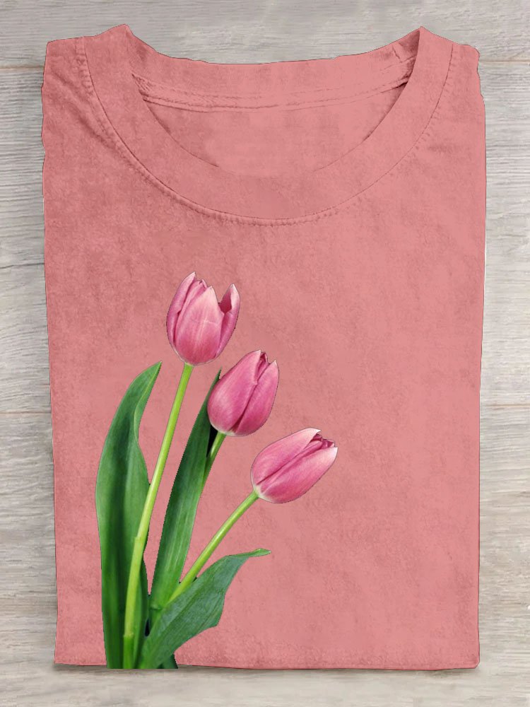 Tulpe Blumenmuster Rundhals Lässig T-Shirt