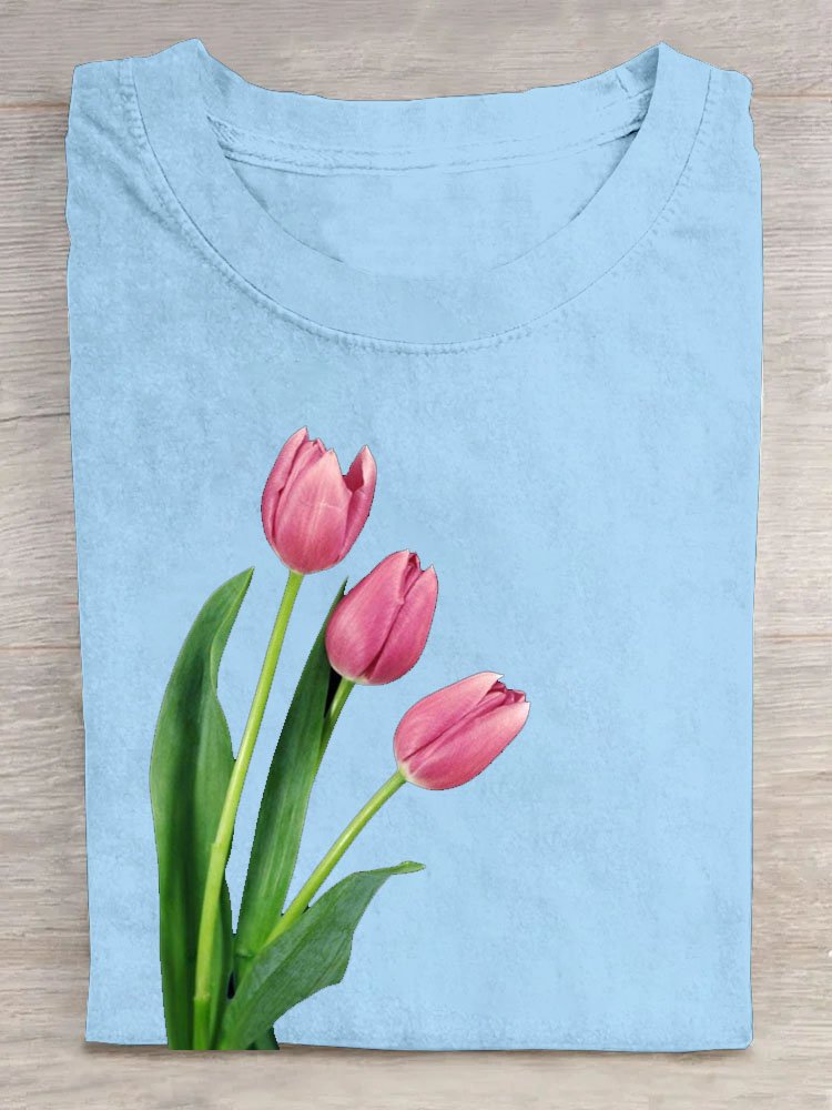 Tulpe Blumenmuster Rundhals Lässig T-Shirt