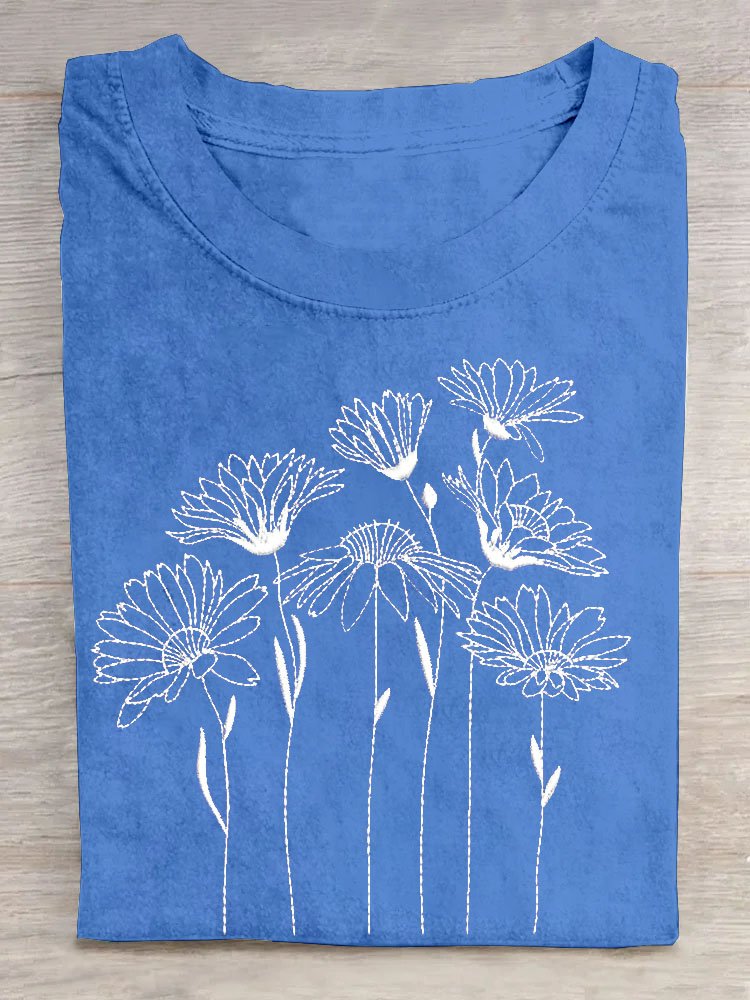 Blumenmuster Rundhals Kurz Ärmeln Lässig T-Shirt