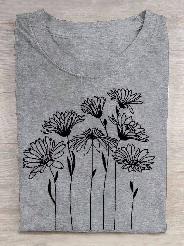 Blumenmuster Rundhals Kurz Ärmeln Lässig T-Shirt