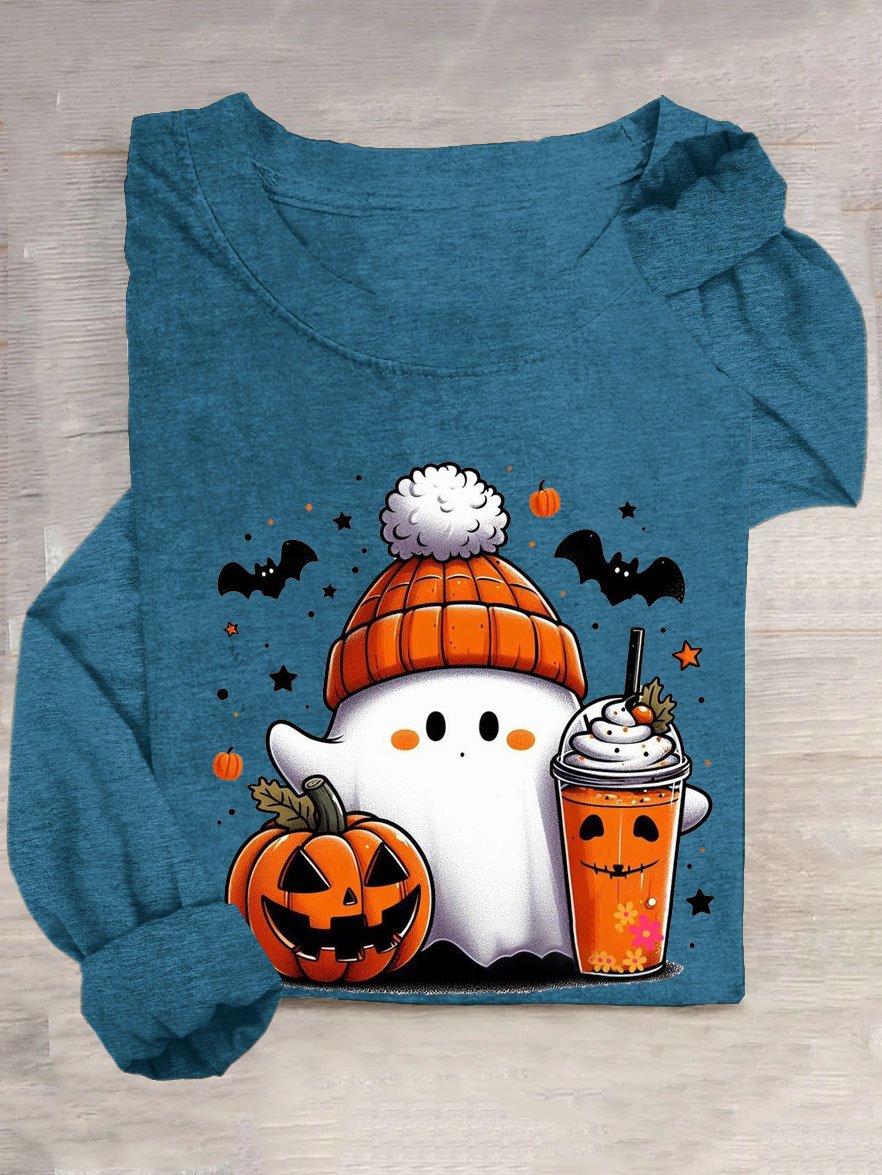 Halloween Kürbis Print Rundhals Langarm Lässig T-Shirt