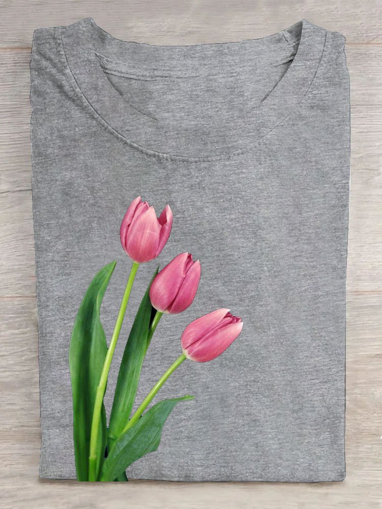 Tulpe Blumenmuster Rundhals Lässig T-Shirt