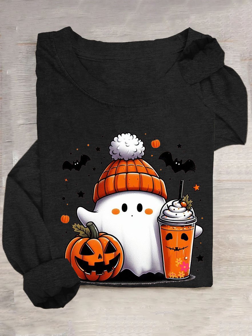 Halloween Kürbis Print Rundhals Langarm Lässig T-Shirt