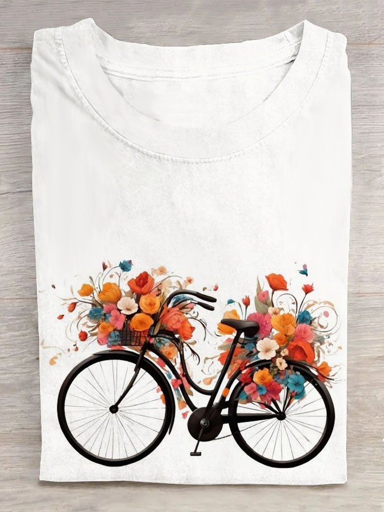 Geblümt Fahrrad Print Rundhals Lässig T-Shirt