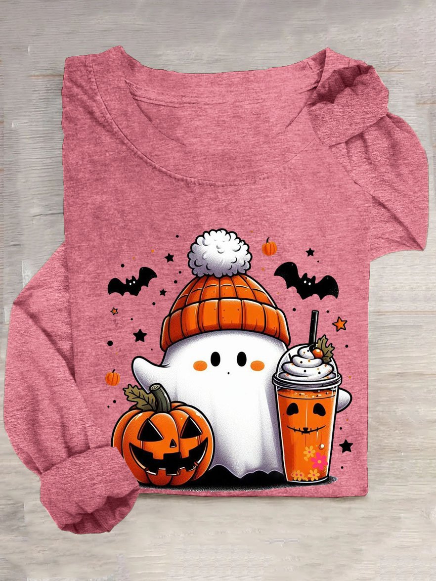 Halloween Kürbis Print Rundhals Langarm Lässig T-Shirt