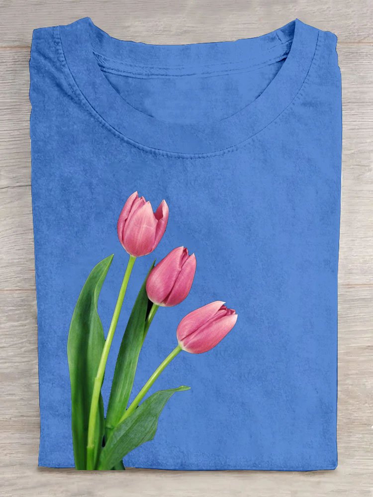 Tulpe Blumenmuster Rundhals Lässig T-Shirt