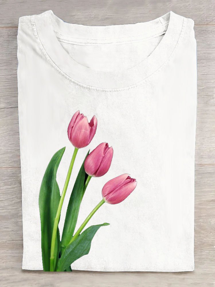 Tulpe Blumenmuster Rundhals Lässig T-Shirt