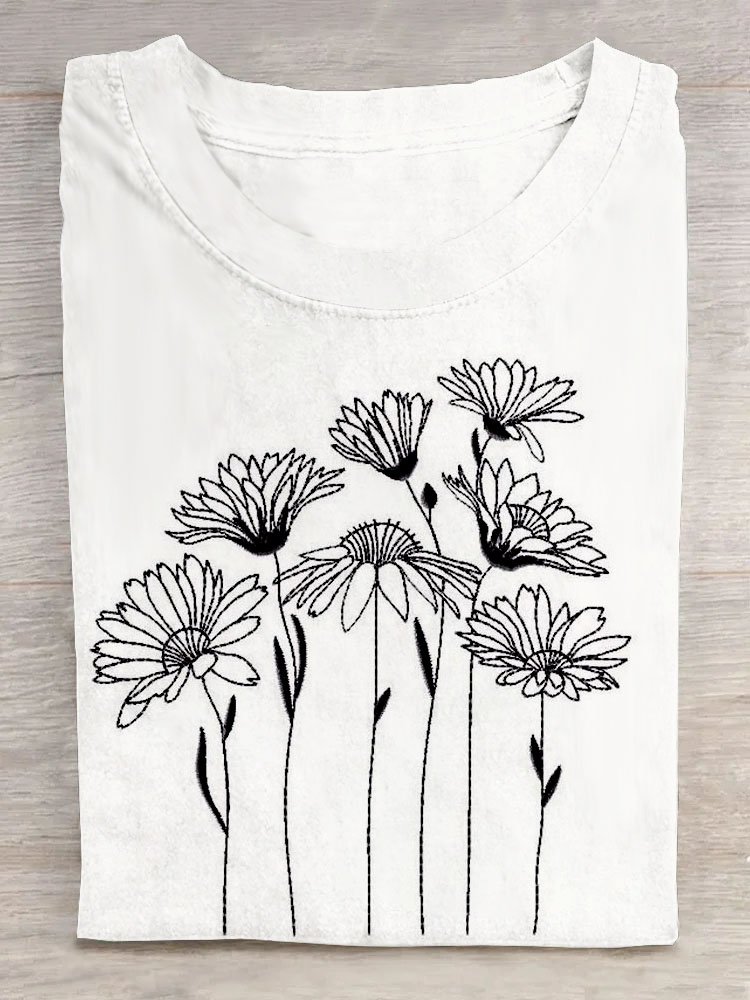 Blumenmuster Rundhals Kurz Ärmeln Lässig T-Shirt