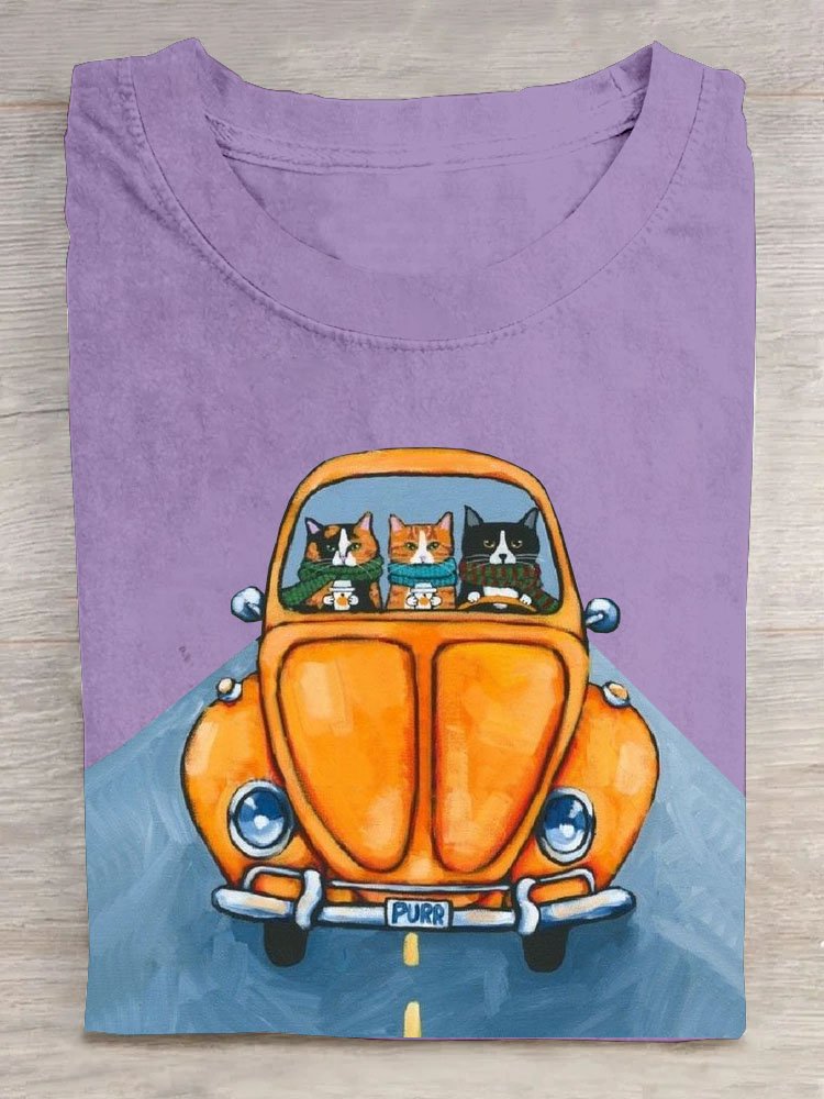 Auto Katze Print Rundhals Lässig Kurz Ärmeln T-Shirt