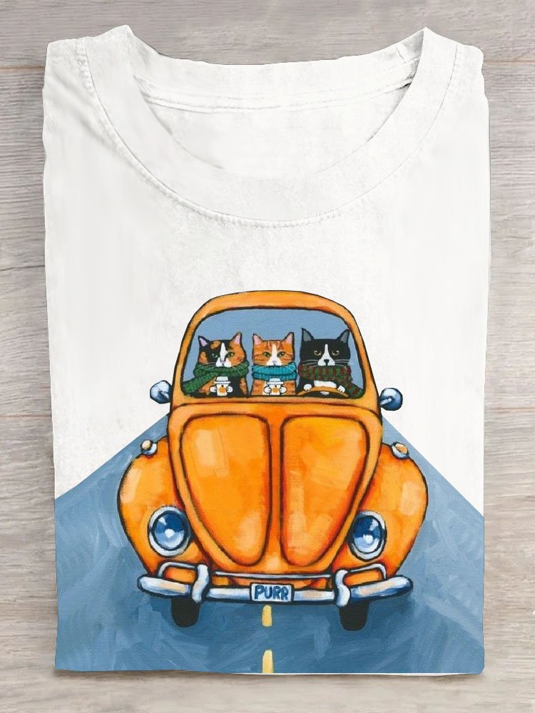 Auto Katze Print Rundhals Lässig Kurz Ärmeln T-Shirt