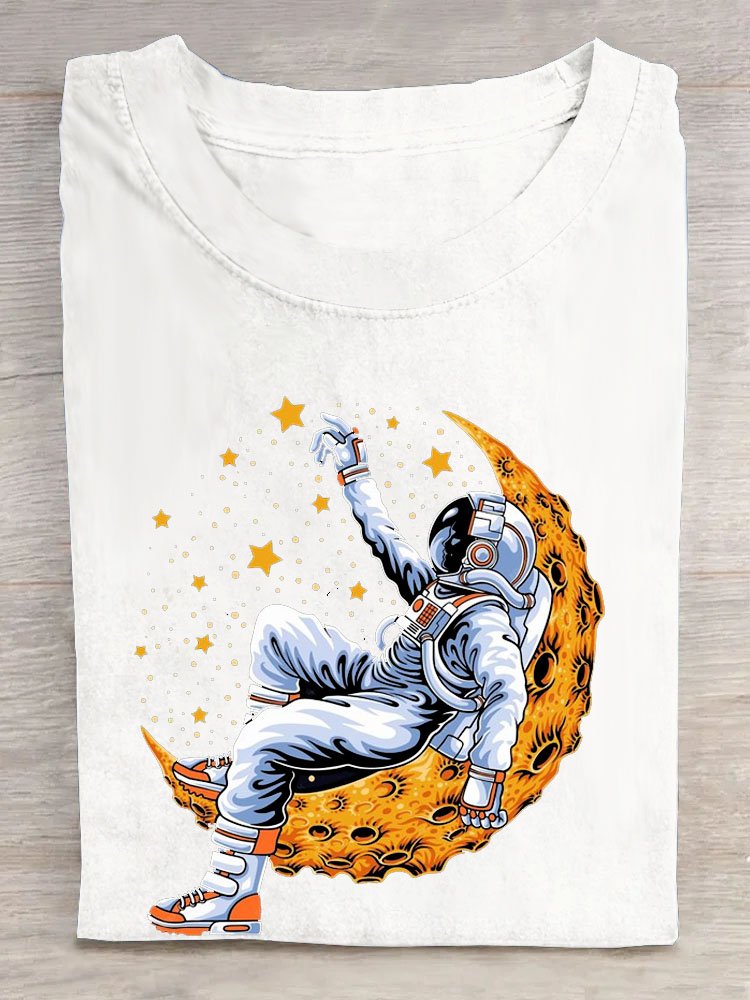 Mond Astronaut Print Rundhals Lässig Kurz Ärmeln T-Shirt