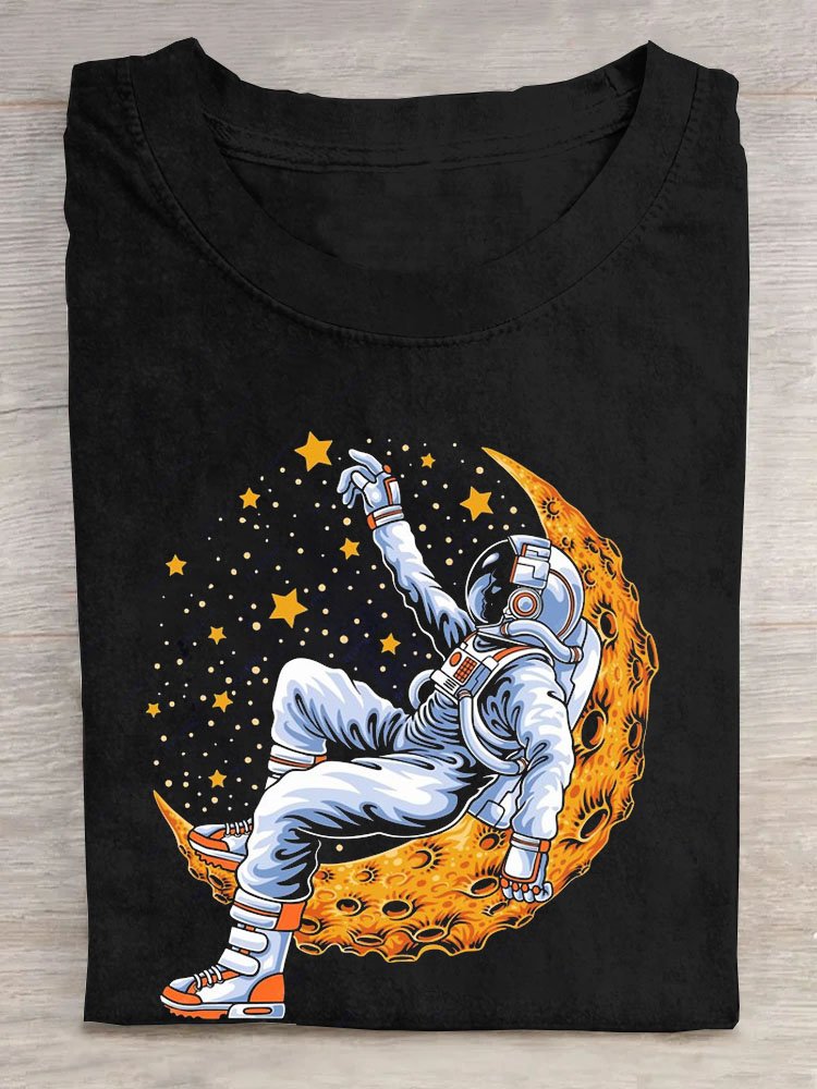 Mond Astronaut Print Rundhals Lässig Kurz Ärmeln T-Shirt