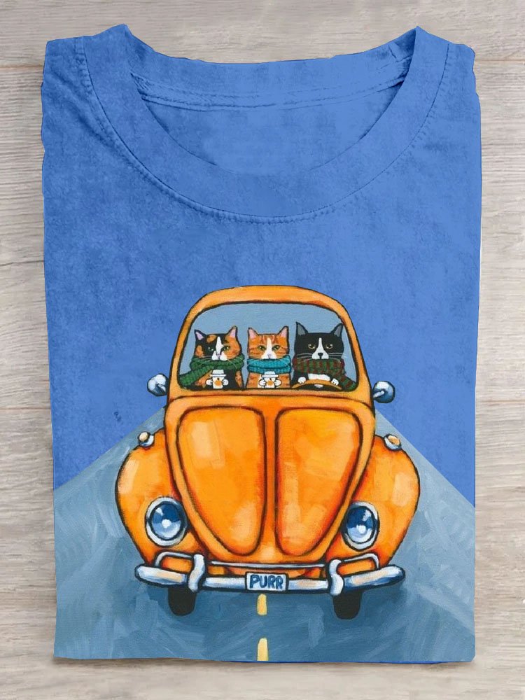 Auto Katze Print Rundhals Lässig Kurz Ärmeln T-Shirt