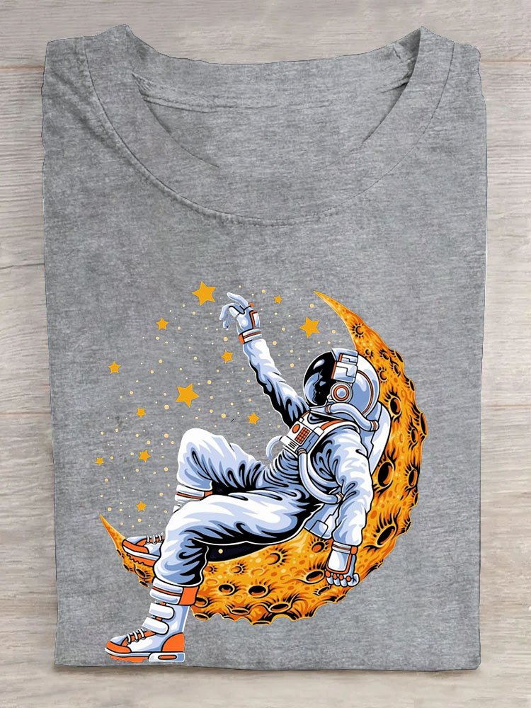 Mond Astronaut Print Rundhals Lässig Kurz Ärmeln T-Shirt