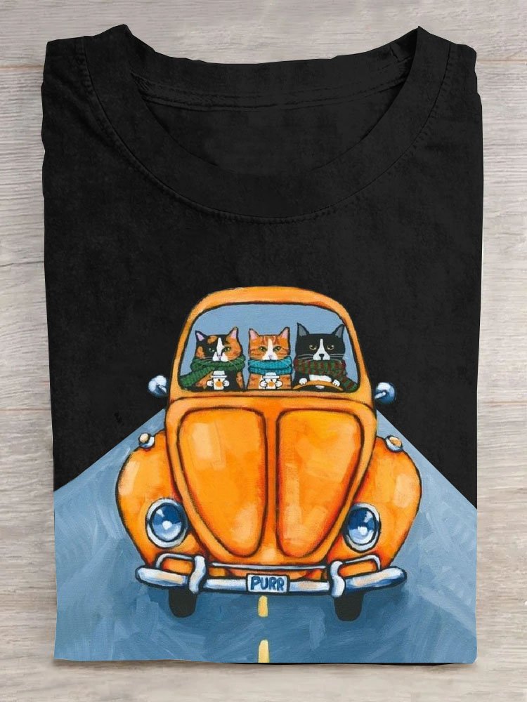 Auto Katze Print Rundhals Lässig Kurz Ärmeln T-Shirt