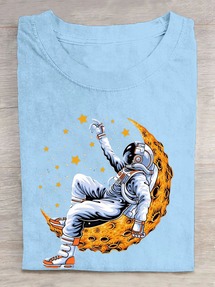 Mond Astronaut Print Rundhals Lässig Kurz Ärmeln T-Shirt