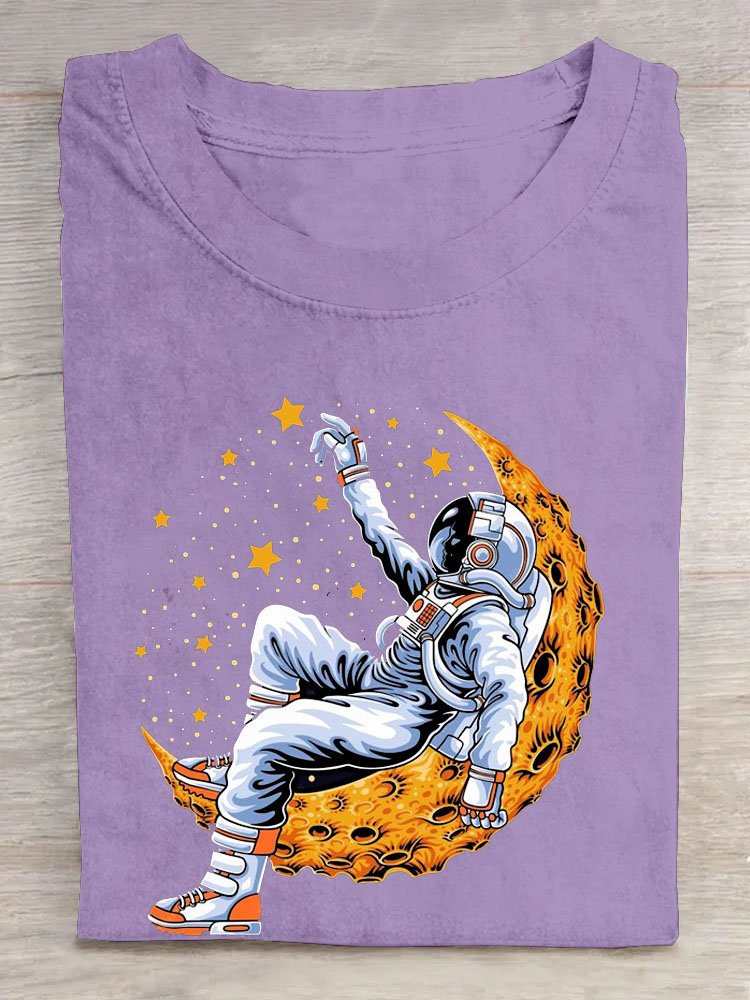 Mond Astronaut Print Rundhals Lässig Kurz Ärmeln T-Shirt