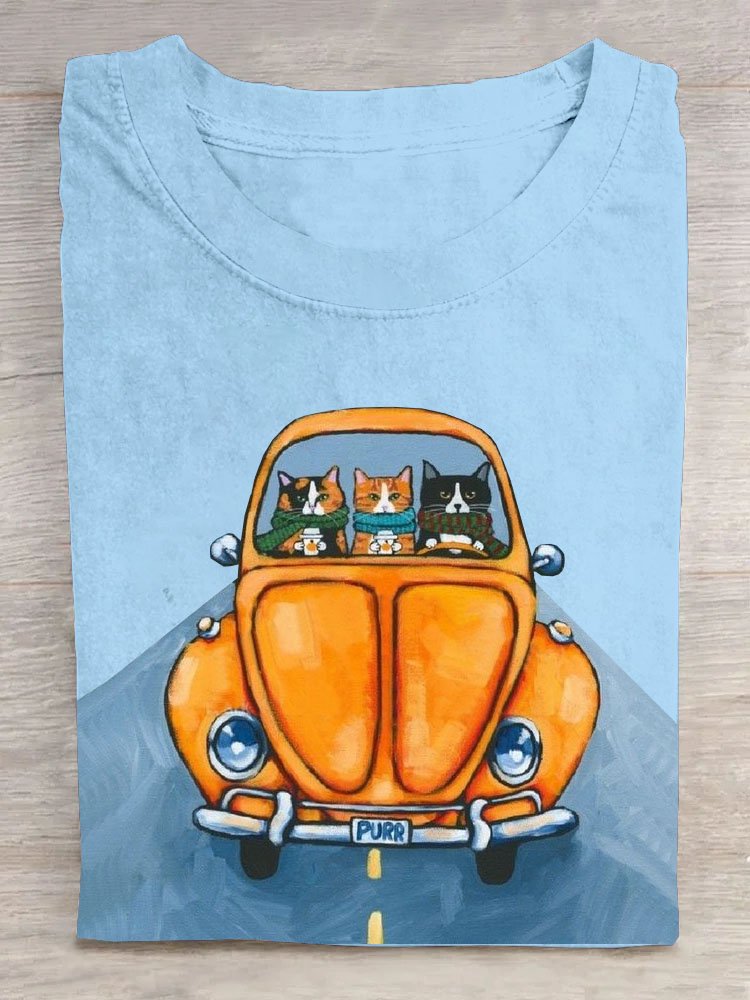 Auto Katze Print Rundhals Lässig Kurz Ärmeln T-Shirt