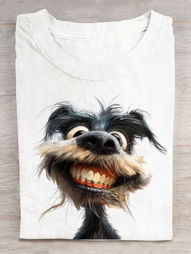 Lustig Gezahnt Hund Print Rundhals T-Shirt