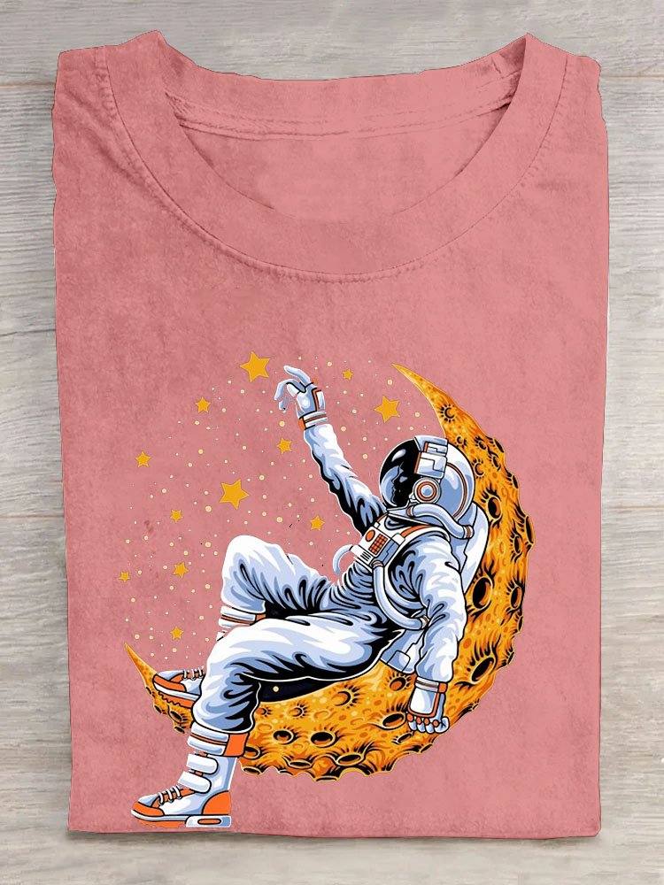 Mond Astronaut Print Rundhals Lässig Kurz Ärmeln T-Shirt