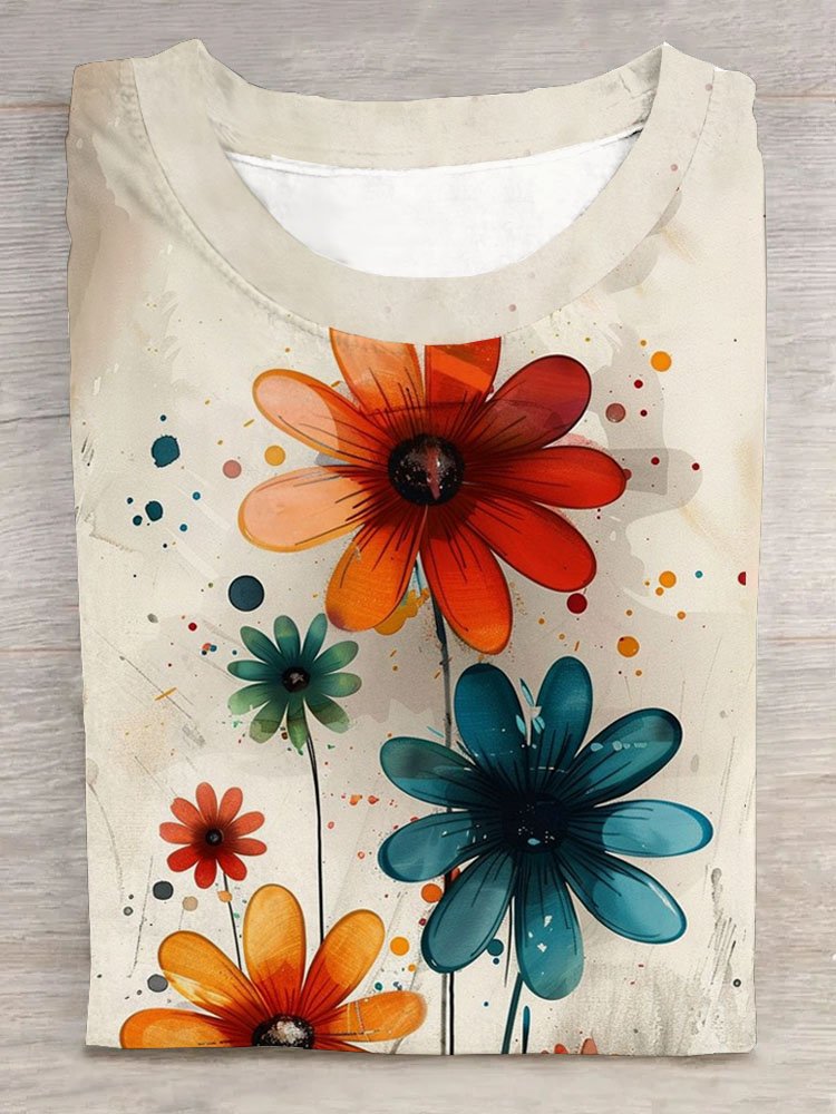 Blumenmuster Rundhals Lässig Kurz Ärmeln T-Shirt