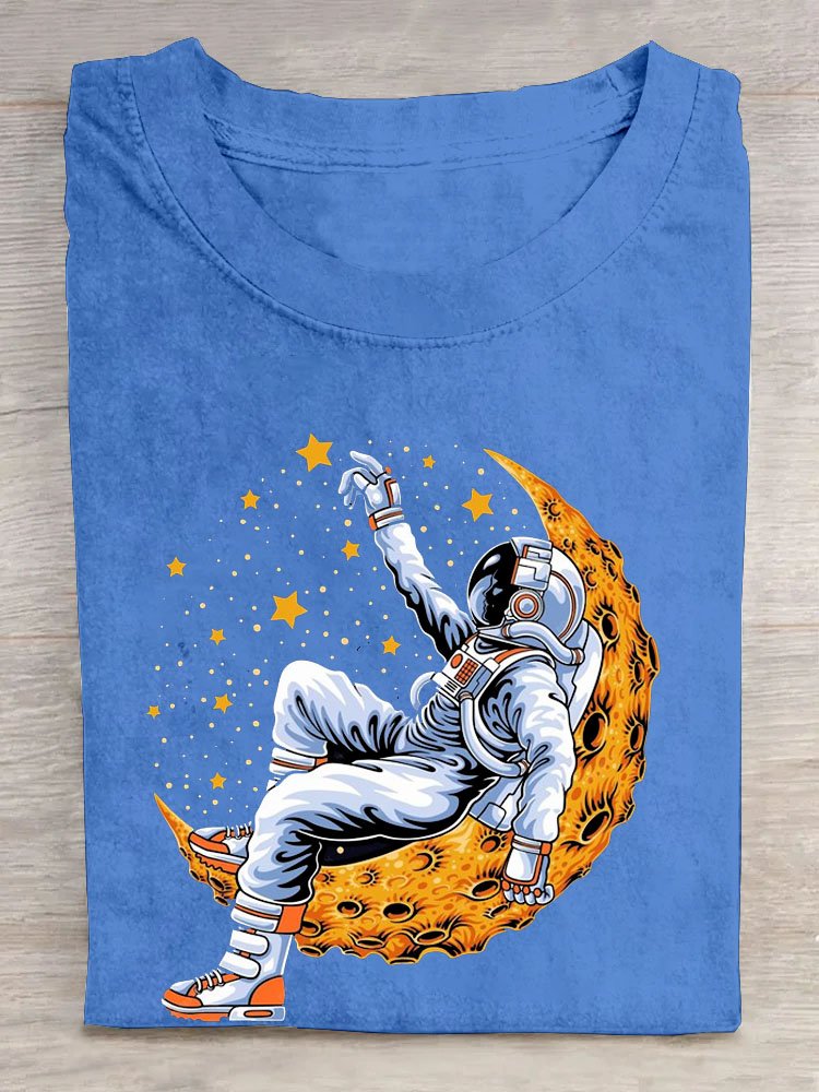 Mond Astronaut Print Rundhals Lässig Kurz Ärmeln T-Shirt