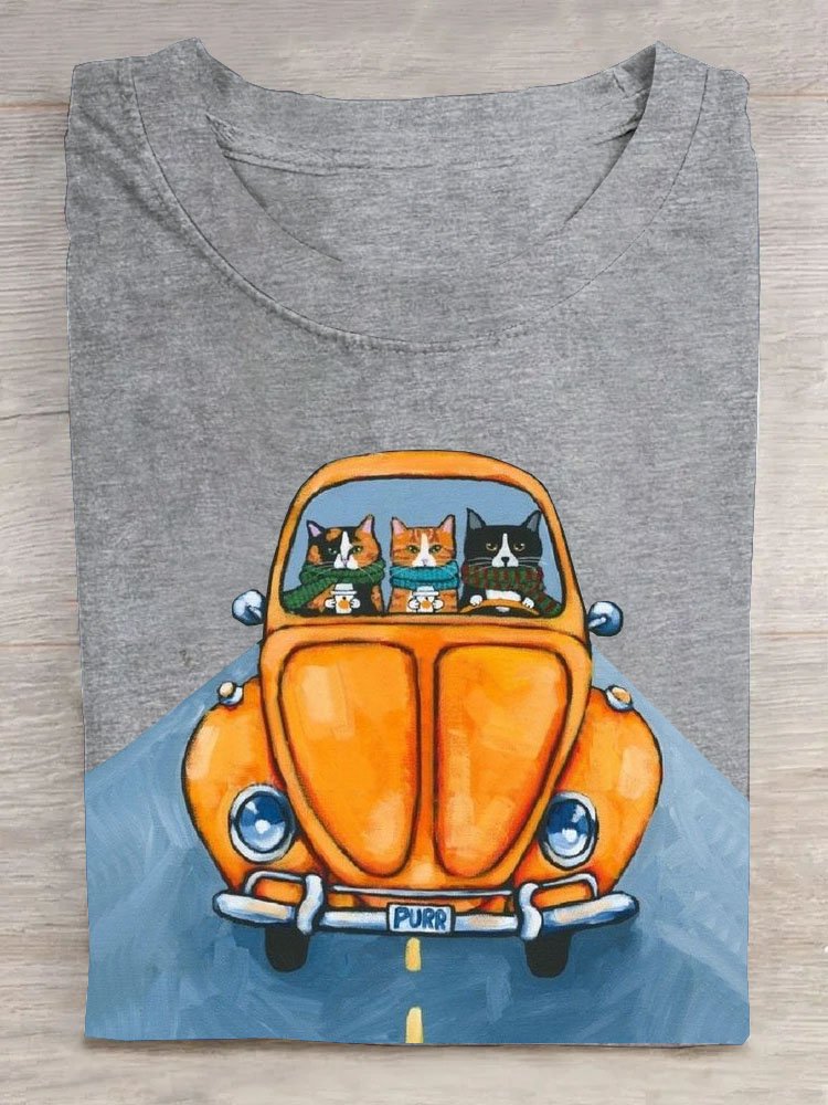 Auto Katze Print Rundhals Lässig Kurz Ärmeln T-Shirt