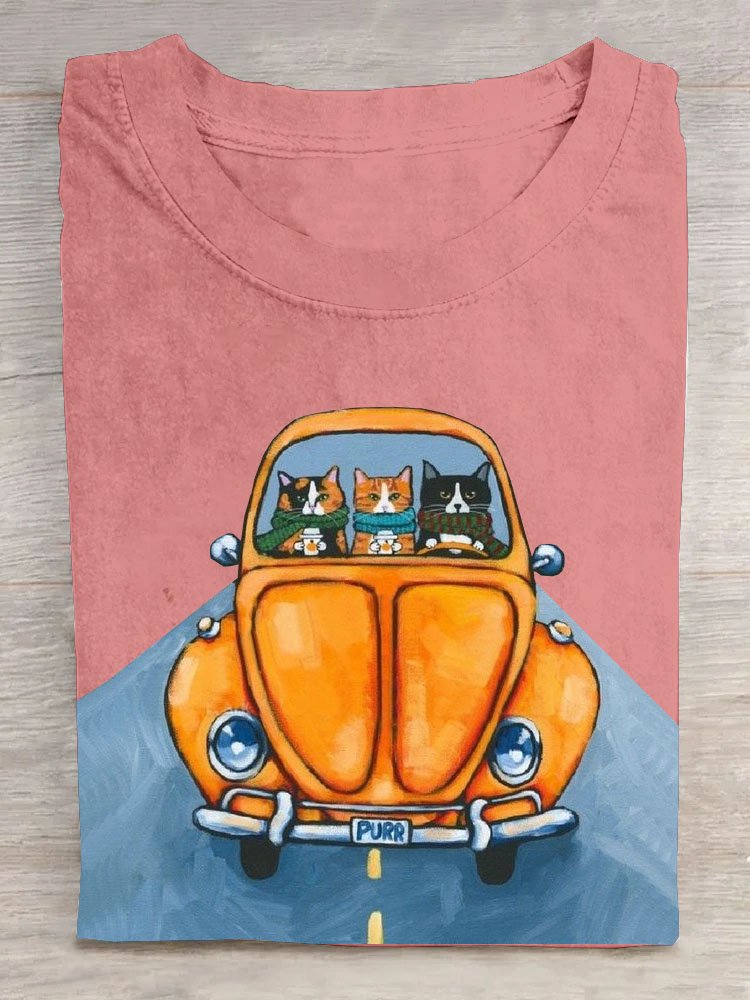 Auto Katze Print Rundhals Lässig Kurz Ärmeln T-Shirt