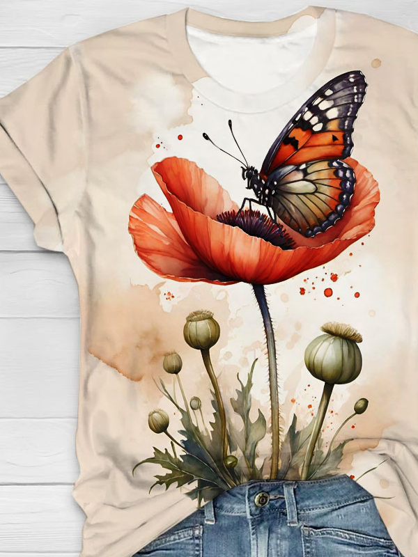 Blume Schmetterling Print Rundhals Kurz Ärmeln T-Shirt