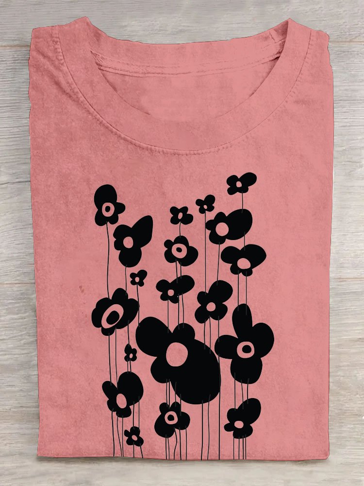 Blumenmuster Rundhals Kurz Ärmeln T-Shirt