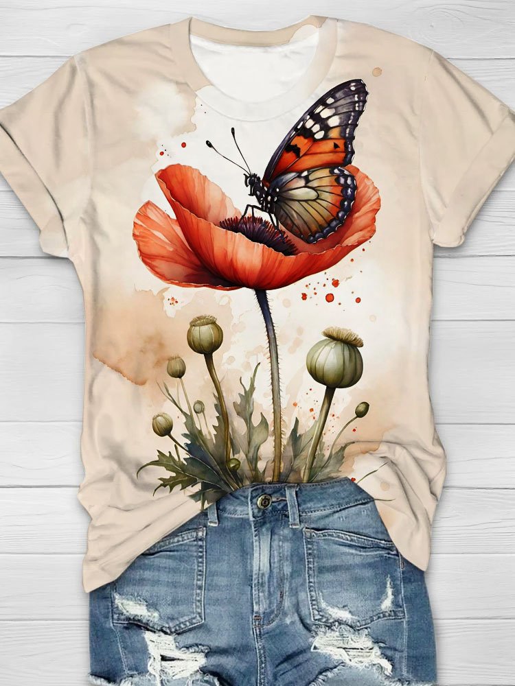 Blume Schmetterling Print Rundhals Kurz Ärmeln T-Shirt