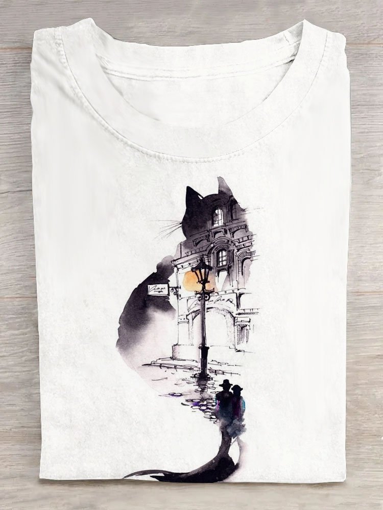 Abstrakt Katze Print Rundhals Kurz Ärmeln T-Shirt