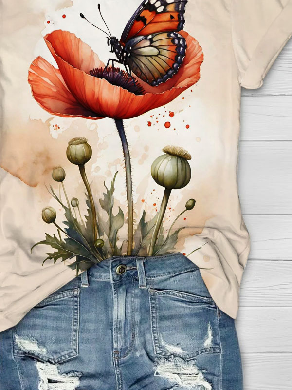 Blume Schmetterling Print Rundhals Kurz Ärmeln T-Shirt