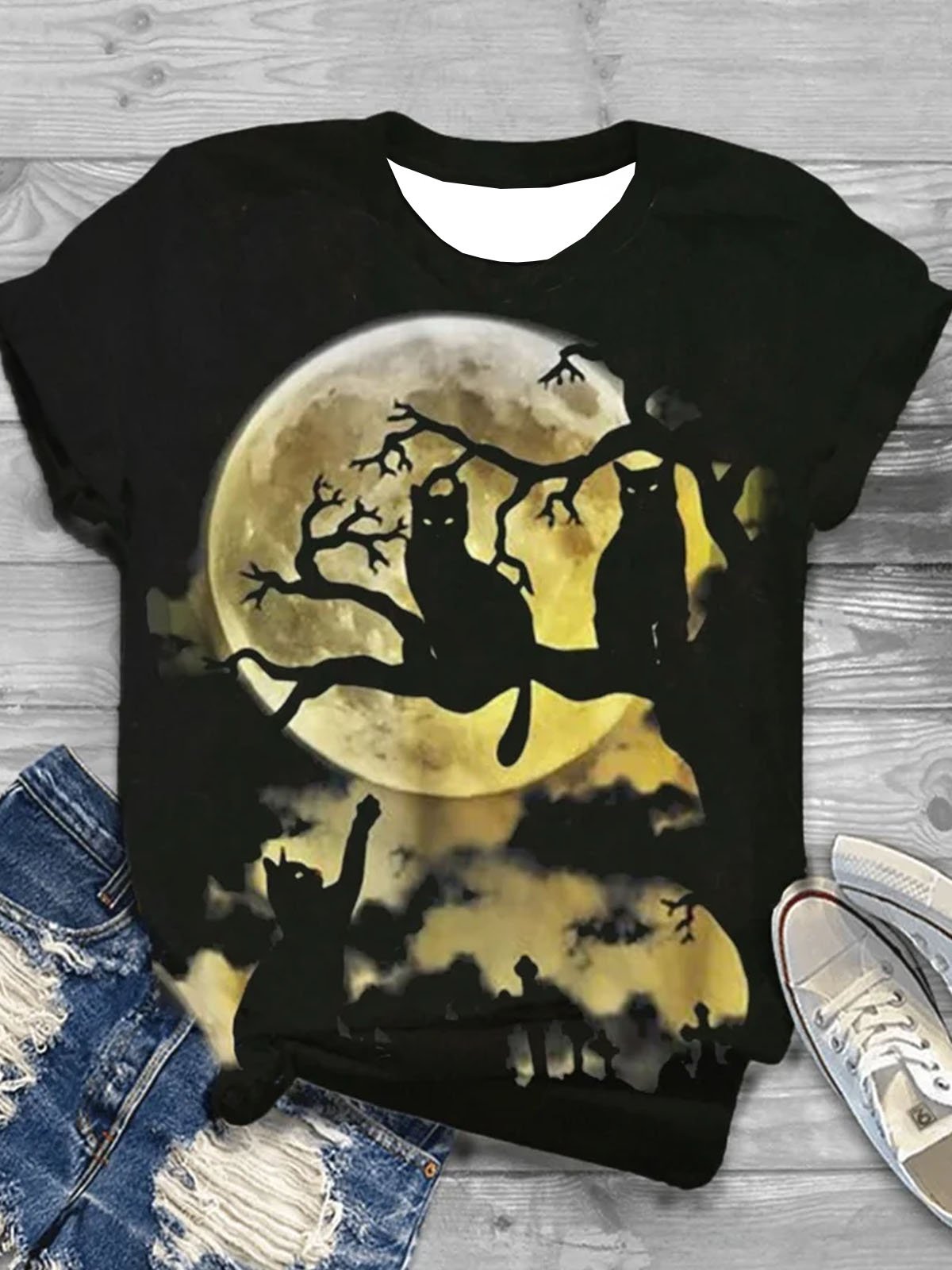 Katze Print Rundhals Kurz Ärmeln T-Shirt