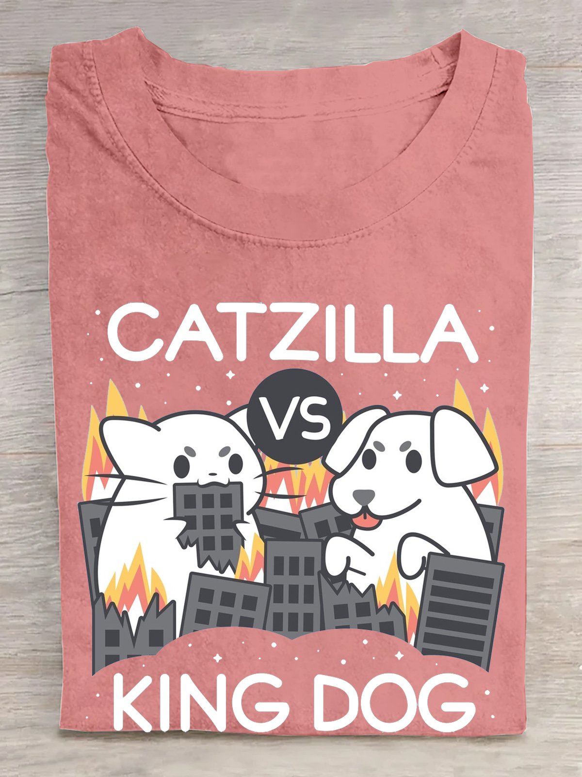 Baumwolle Katzenzilla Gegen König Hund T-Shirt