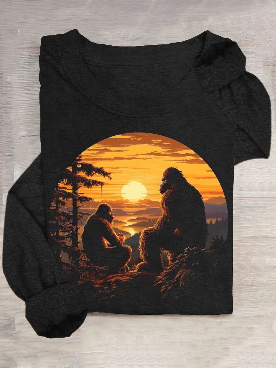 Affe Landschaft Rundhals Lässig T-Shirt