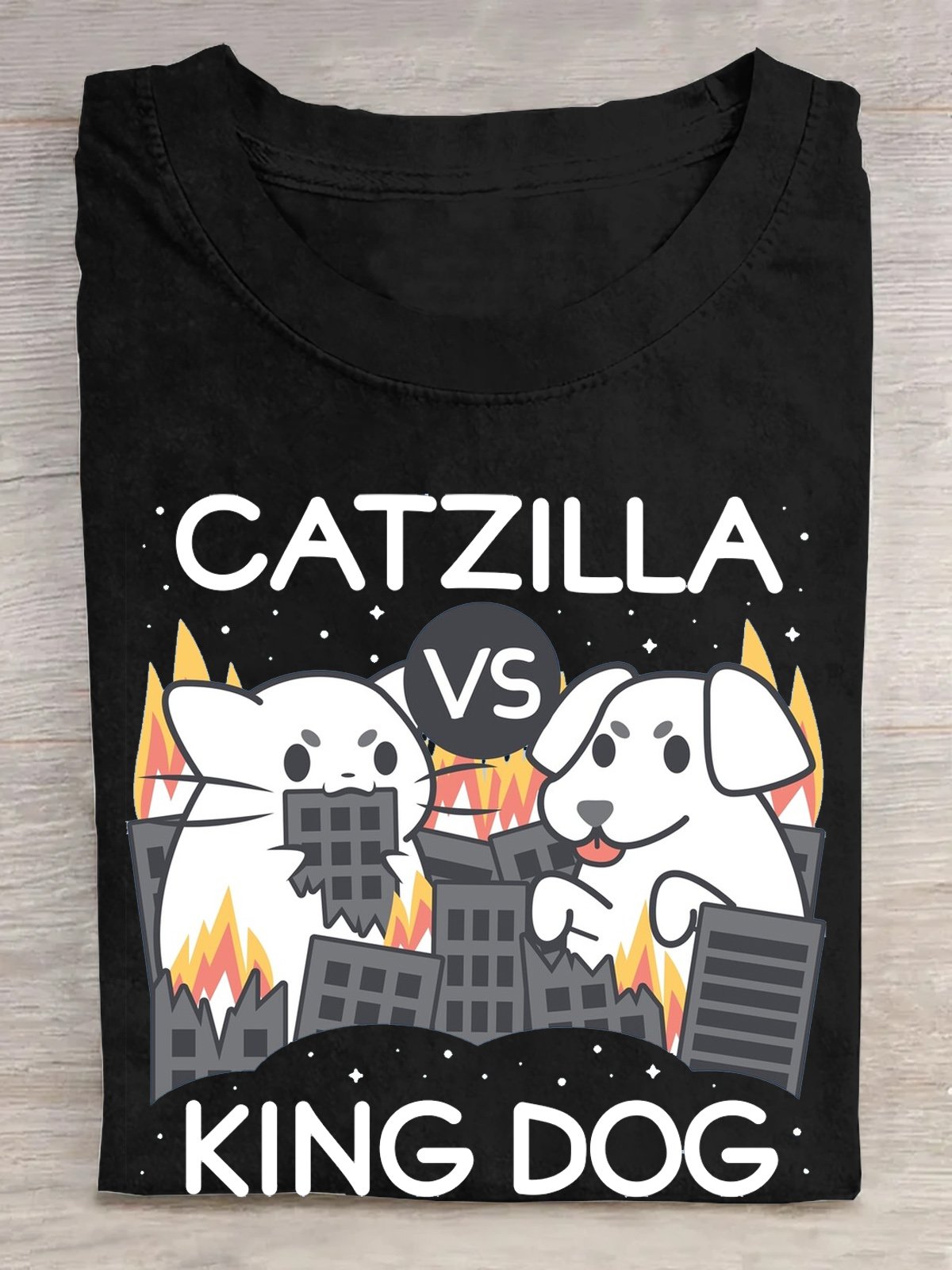 Baumwolle Katzenzilla Gegen König Hund T-Shirt