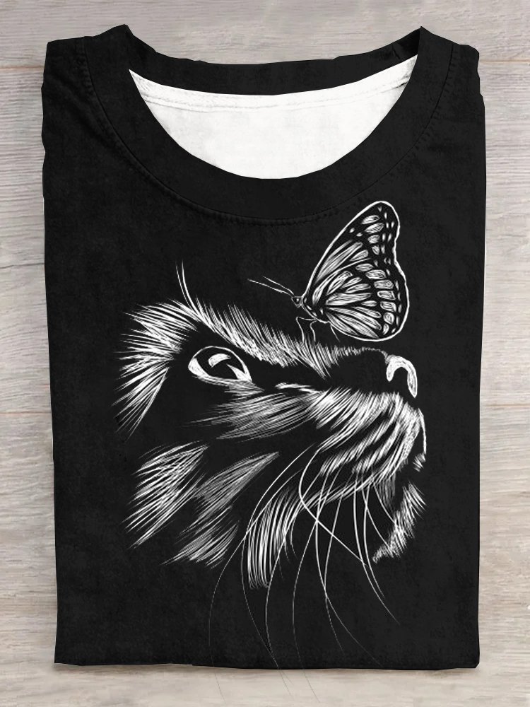 Lässig Katze Rundhals Jersey T-Shirt