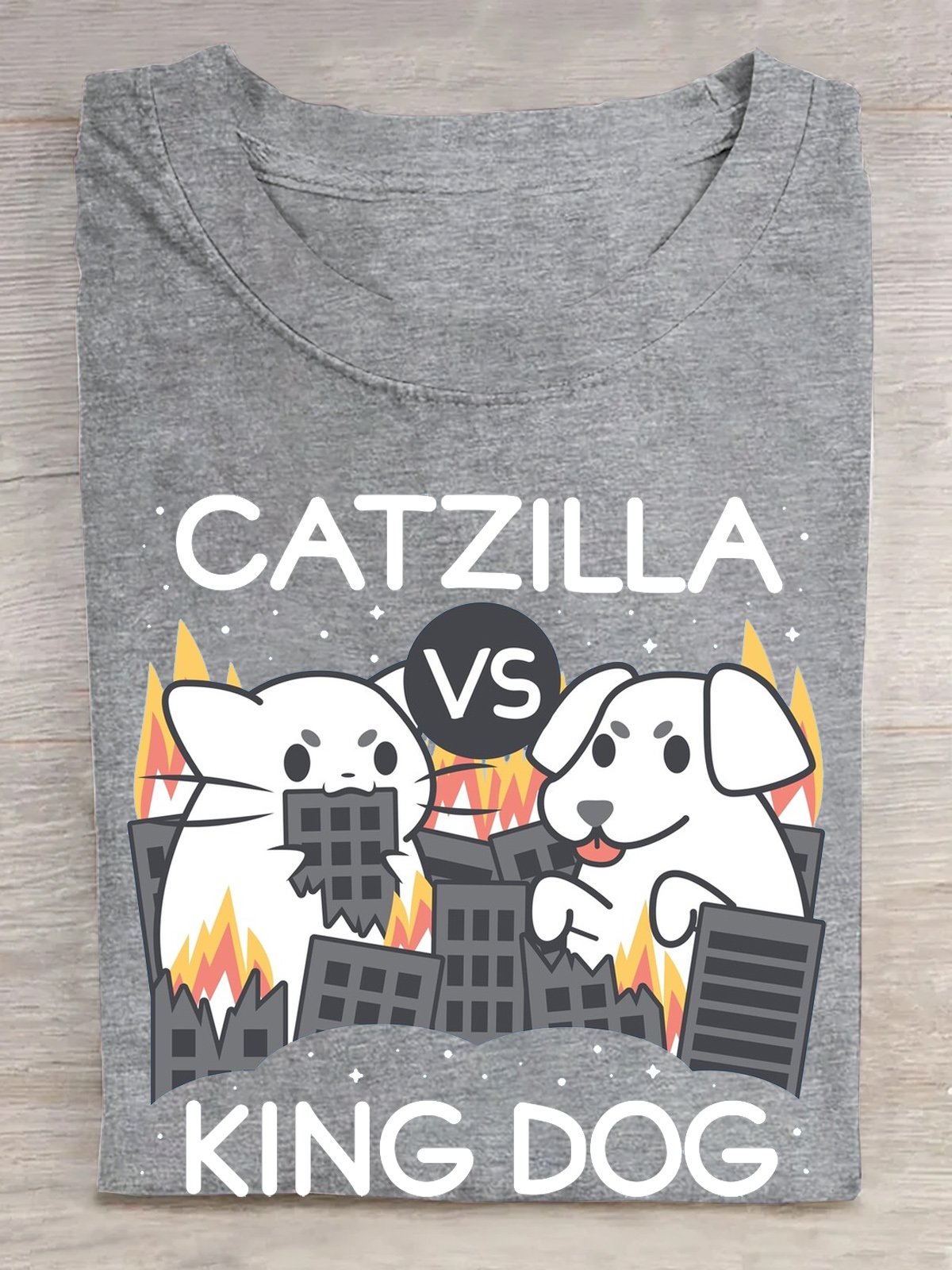 Baumwolle Katzenzilla Gegen König Hund T-Shirt