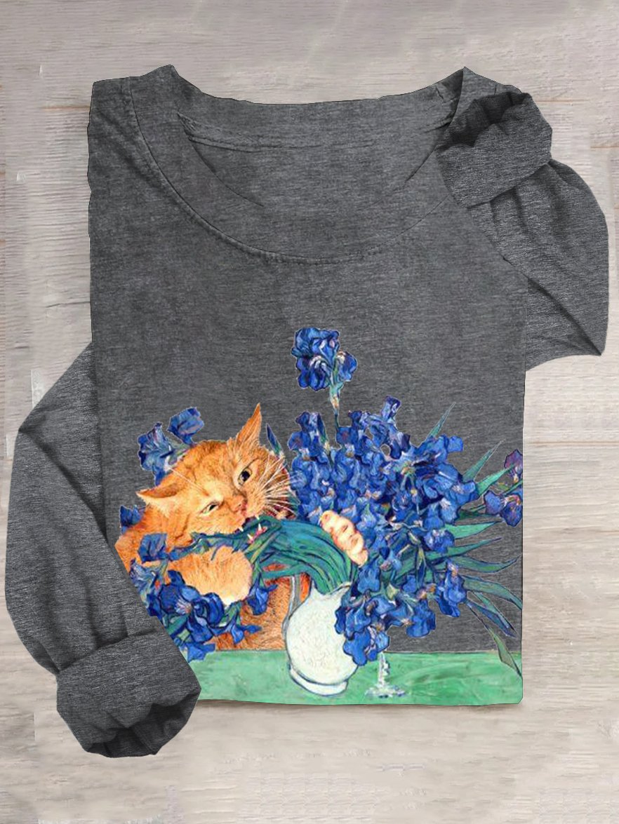 Lässig Geblümt und Katze Rundhals T-Shirt