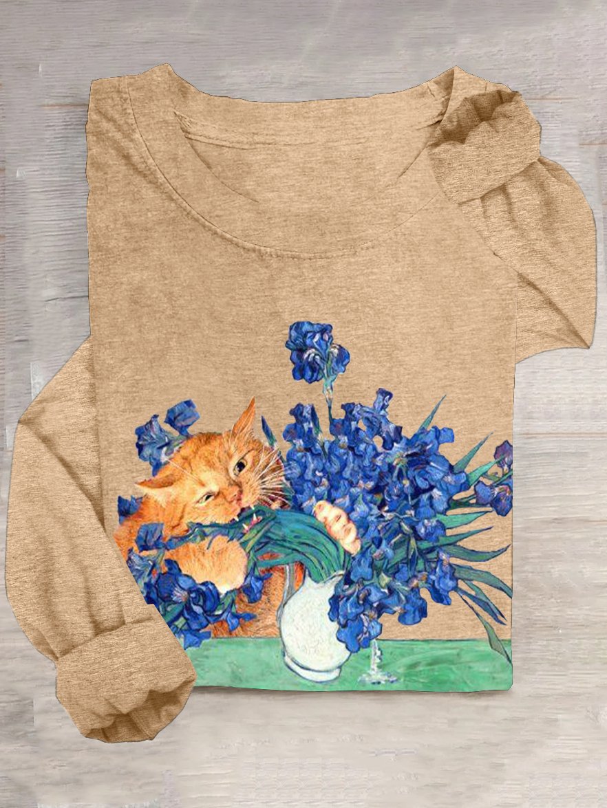 Lässig Geblümt und Katze Rundhals T-Shirt