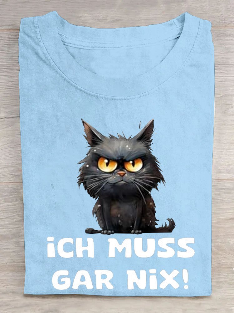 Katze Text Buchstabe Print Rundhals Lässig T-Shirt