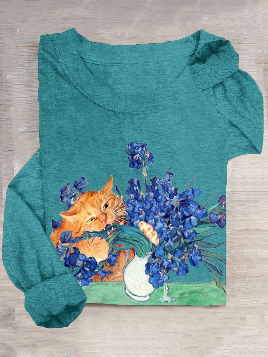 Lässig Geblümt und Katze Rundhals T-Shirt