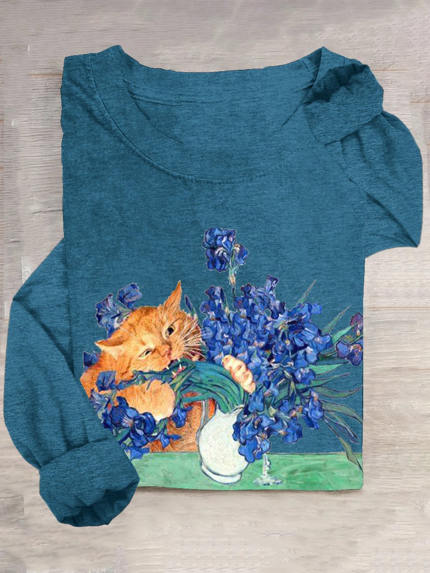 Lässig Geblümt und Katze Rundhals T-Shirt