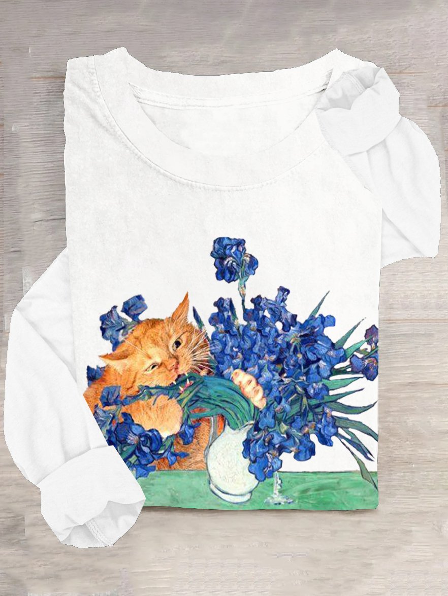 Lässig Geblümt und Katze Rundhals T-Shirt