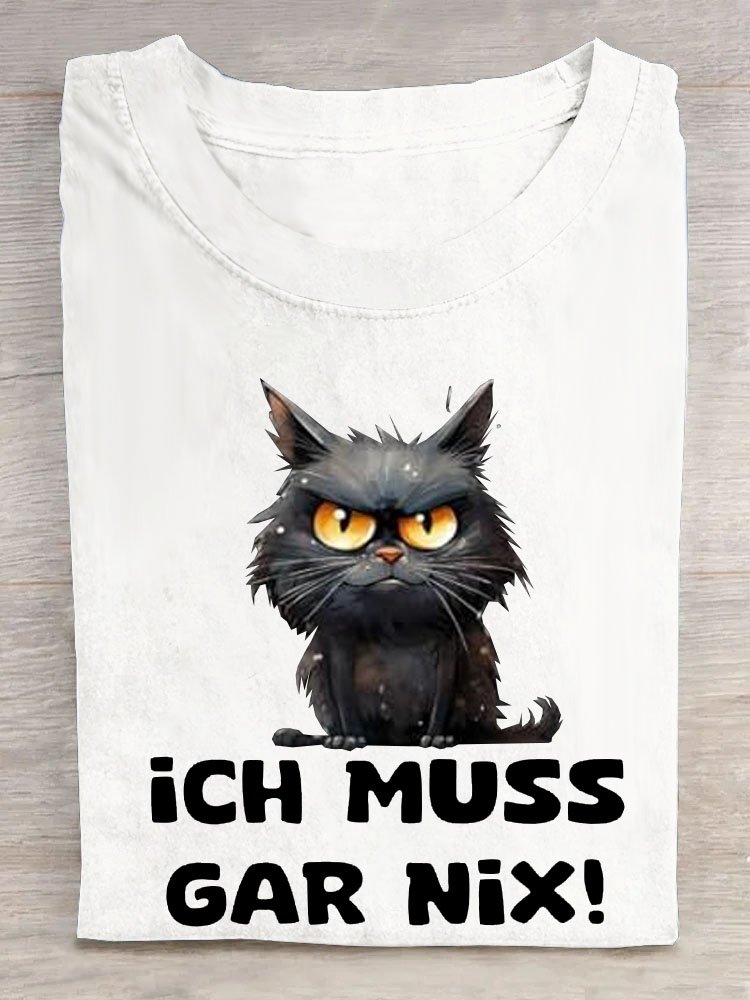 Katze Text Buchstabe Print Rundhals Lässig T-Shirt