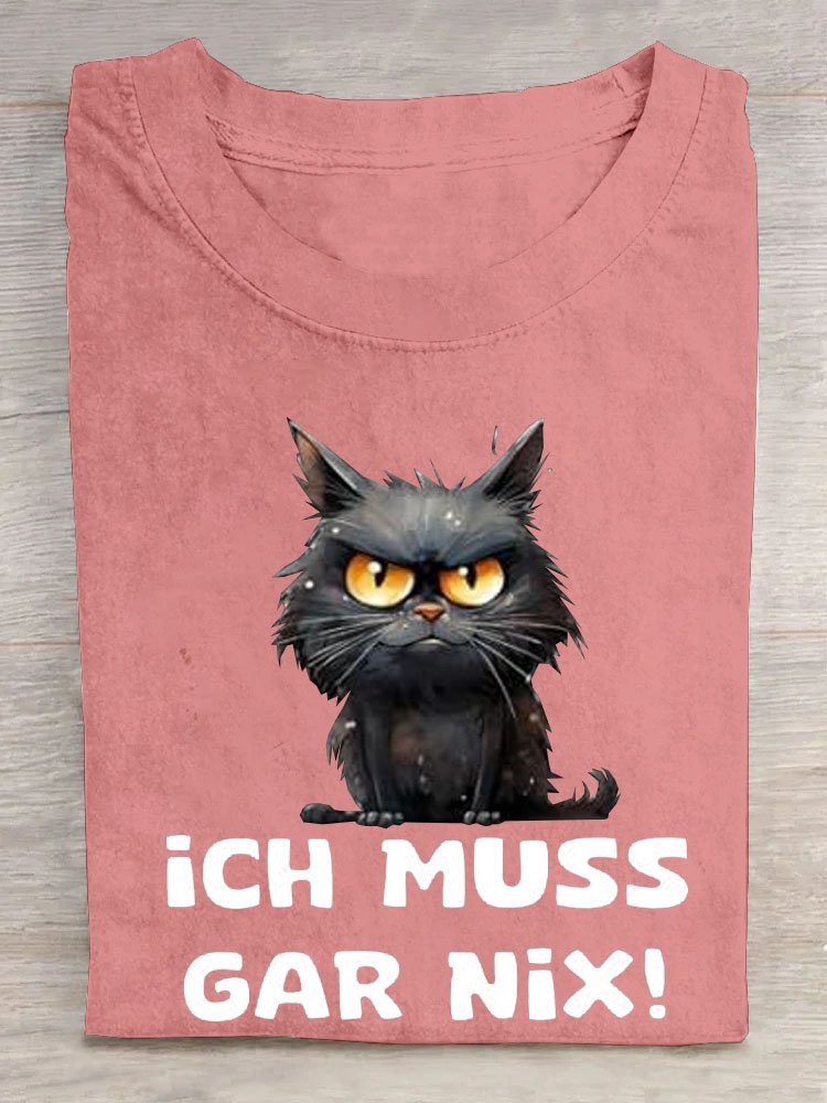 Katze Text Buchstabe Print Rundhals Lässig T-Shirt